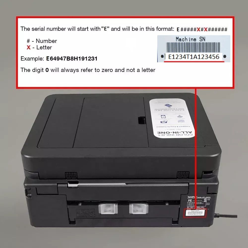 Brother printer showing the machine serial-number label location and serial-number format